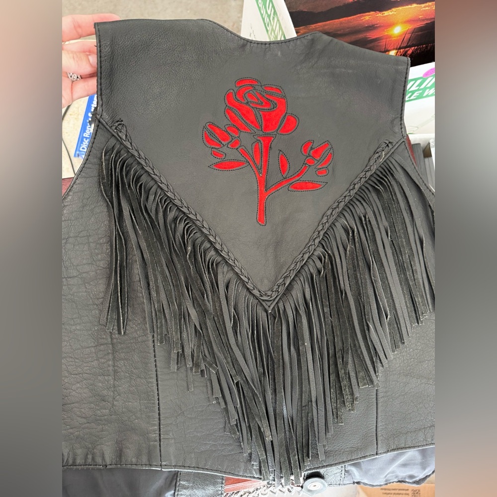 Interstate Leather Black Leather Fringe Vest with Red Rose Embroidery sz LG.